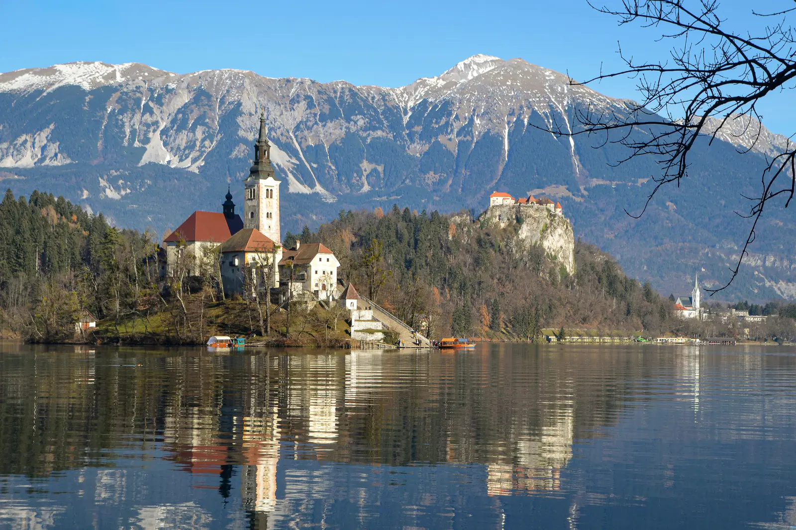 Lake Bled island church beneath the Julian Alps in Slovenia