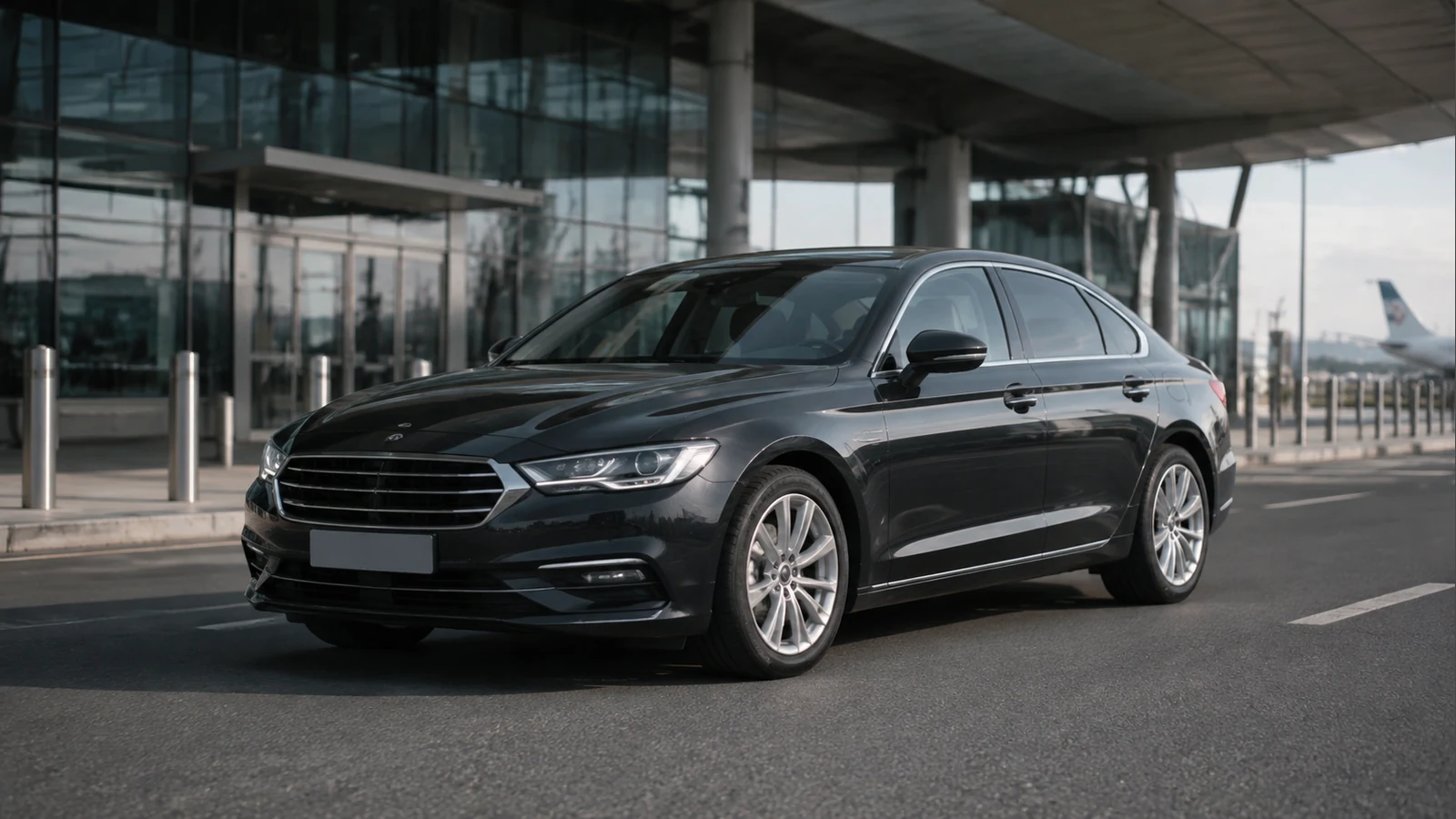 Premium transfer sedan outside a modern airport terminal