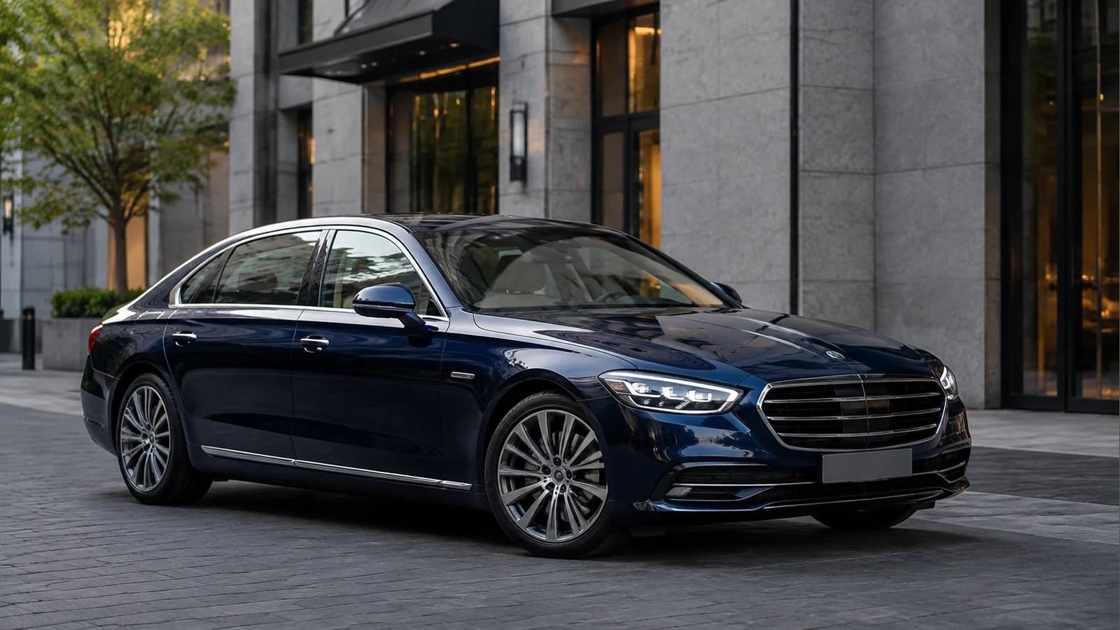 Executive chauffeur sedan in a refined Mediterranean city setting