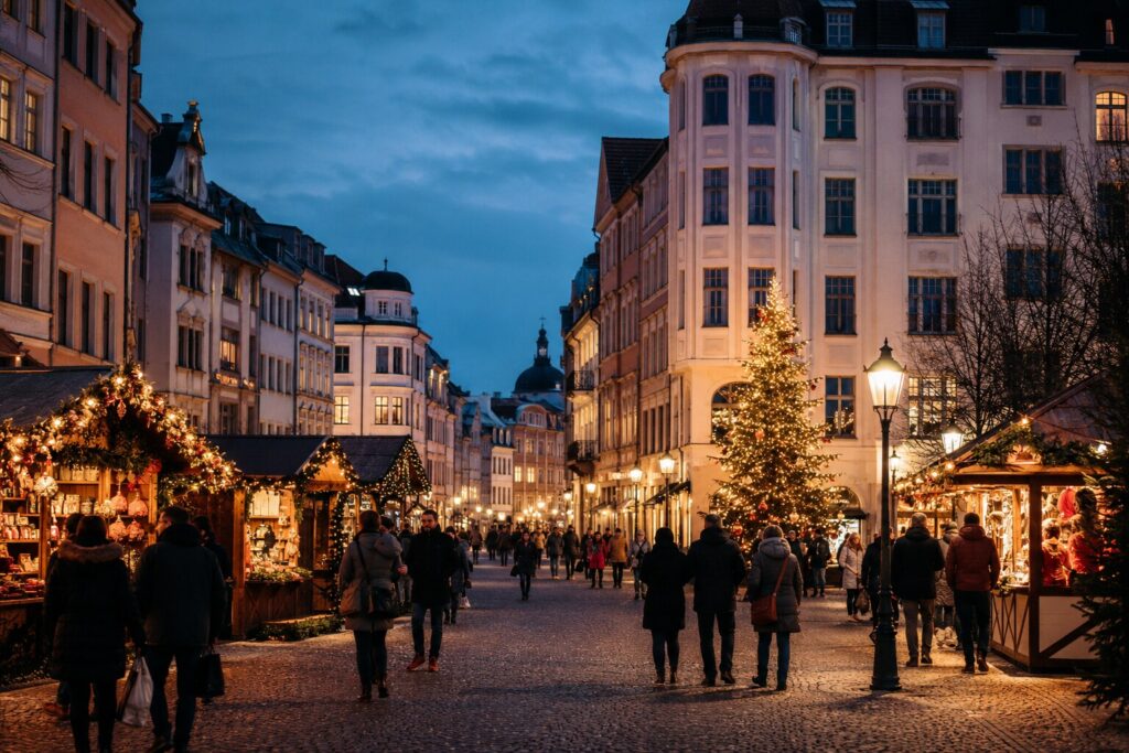 European city decorated with Christmas lights on a winter grand tour