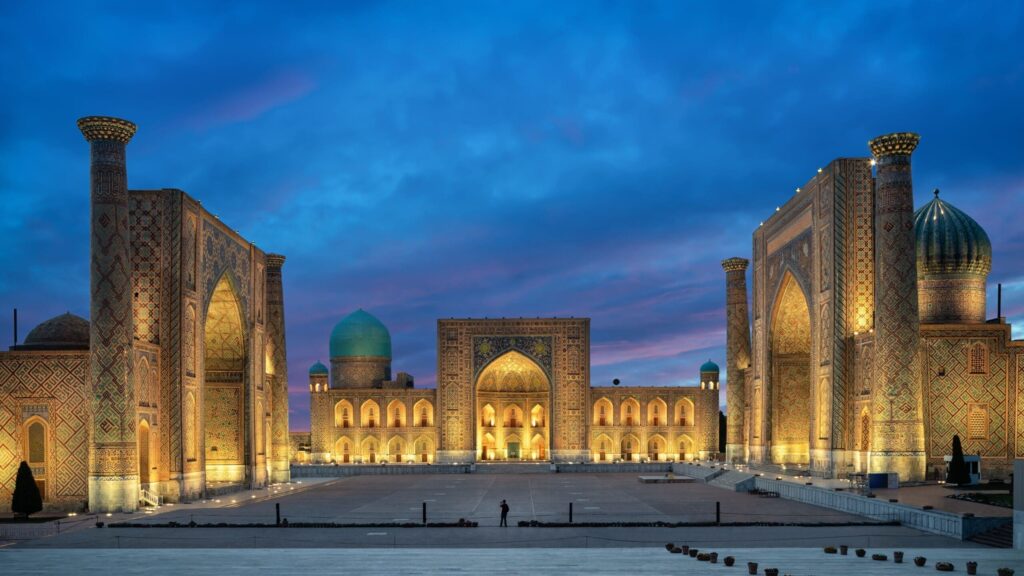Registan Square in Samarkand at dusk on a ten-day Uzbekistan Silk Road journey