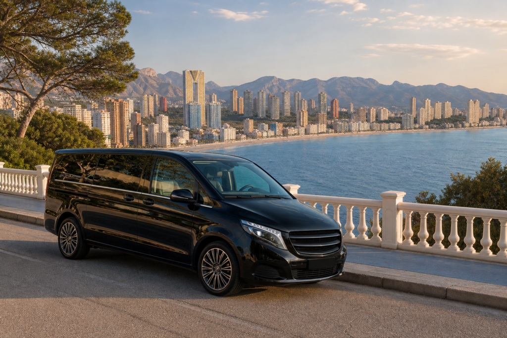 A premium executive minivan overlooking the Benidorm skyline and Mediterranean coast