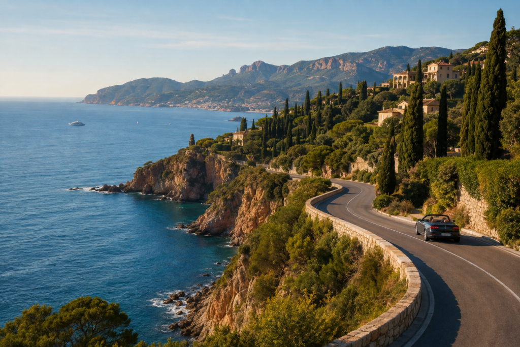 Scenic Mediterranean coastal road on a journey from Côte d’Azur to Catalonia