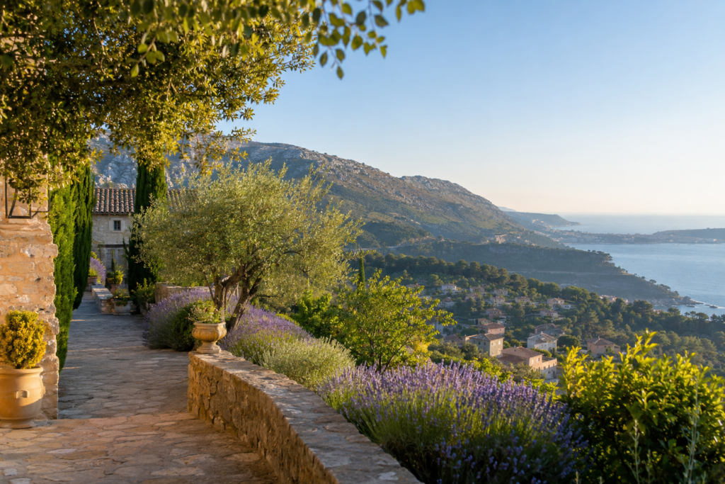 Stone village terrace with lavender above the Mediterranean coast in Provence