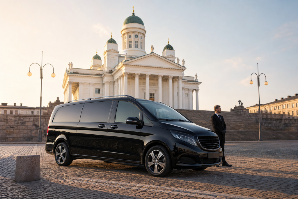 A premium executive minivan and chauffeur at Helsinki Senate Square, with Helsinki Cathedral behind