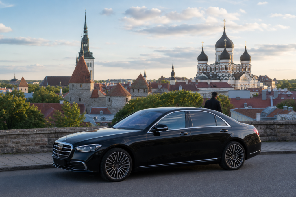 A premium executive car with the recognizable Tallinn Old Town skyline behind