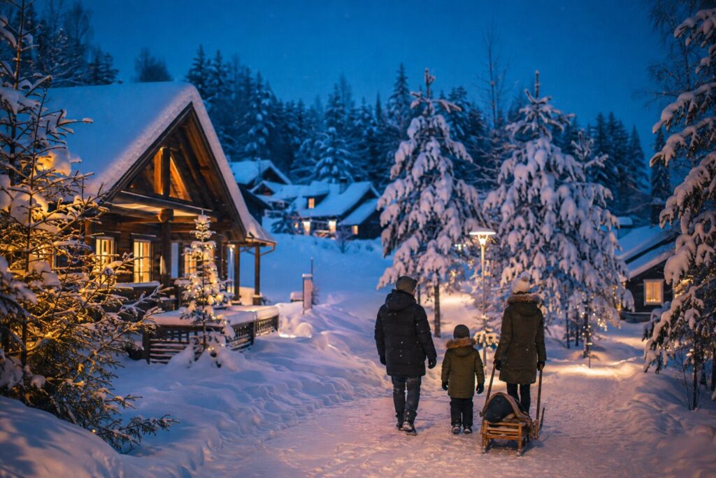Family walking towards warmly lit cottages on a snowy New Year evening in Vuokatti