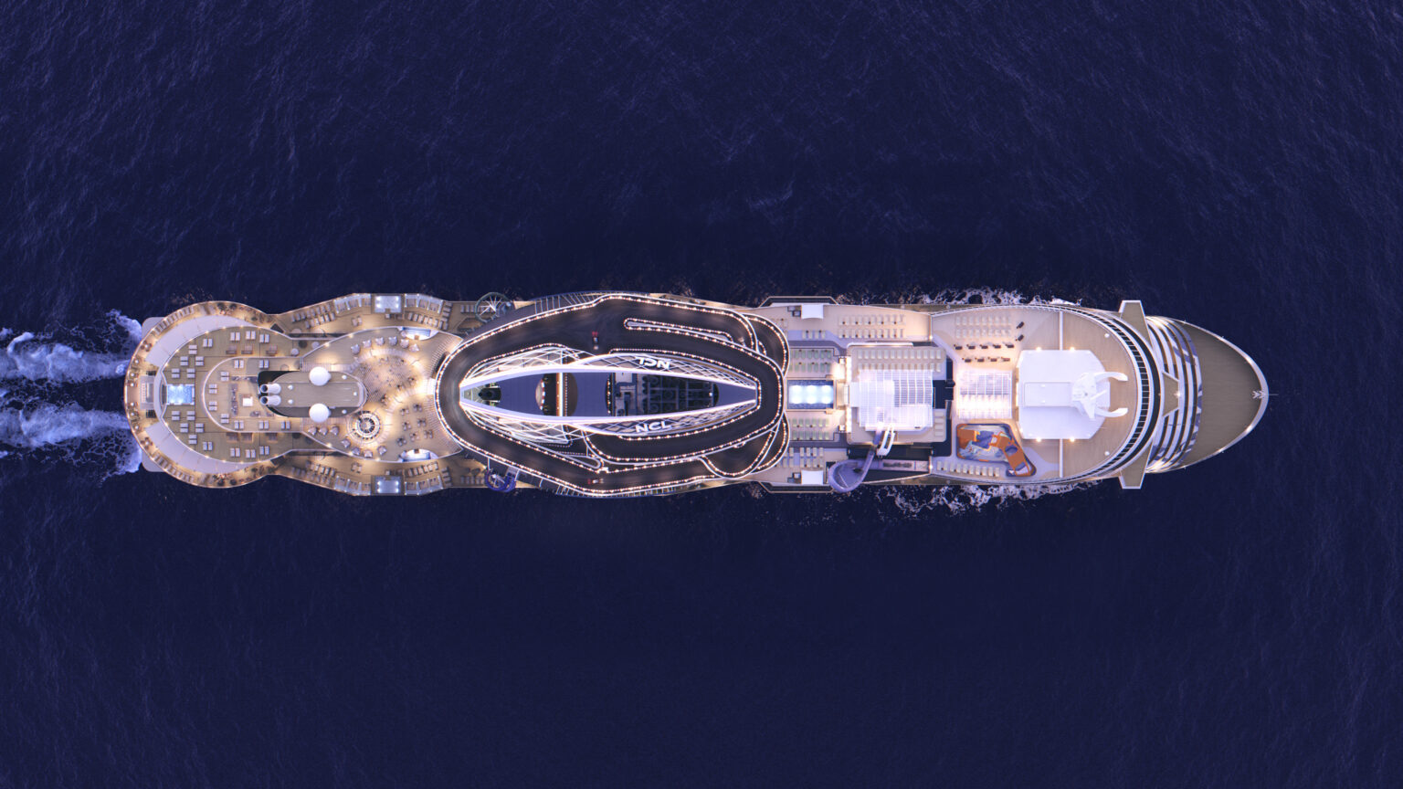 An overhead view of Norwegian Viva and its outdoor decks