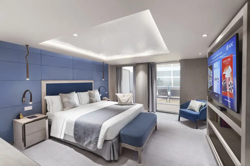 MSC ship cabin with a bed and balcony access
