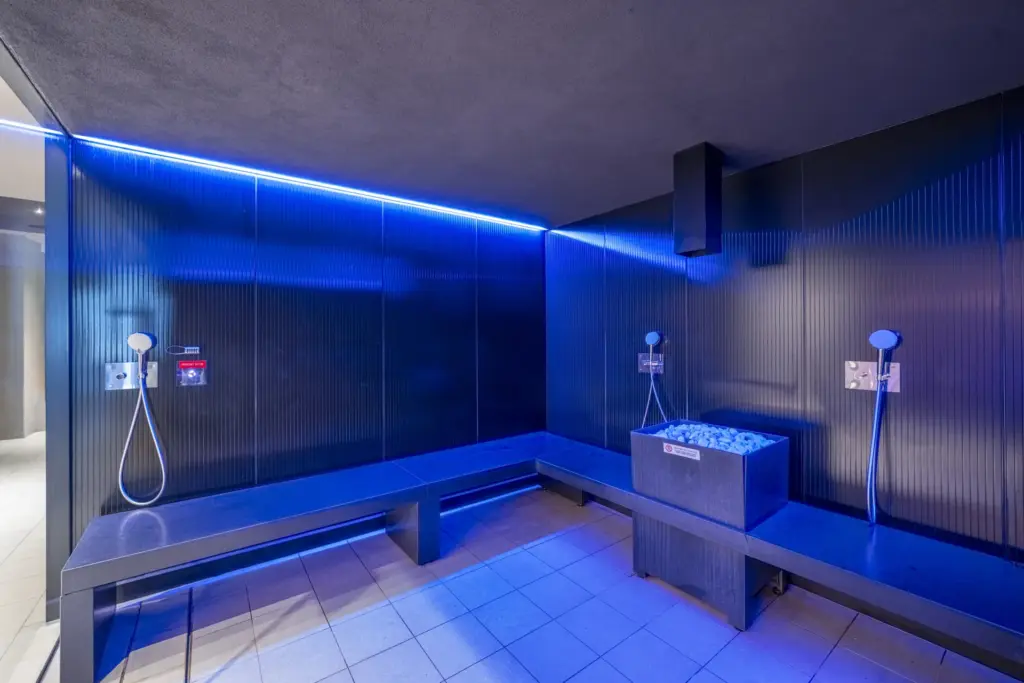 MSC ship spa thermal area with showers and blue lighting